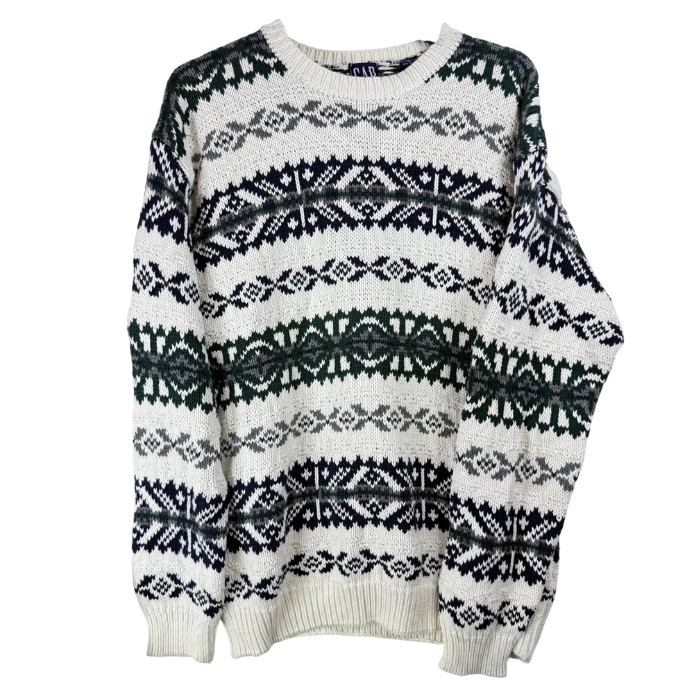 Vintage GAP Sweater XL Fair Isle Cotton Knit Green Navy White Gorpcore Grandpa